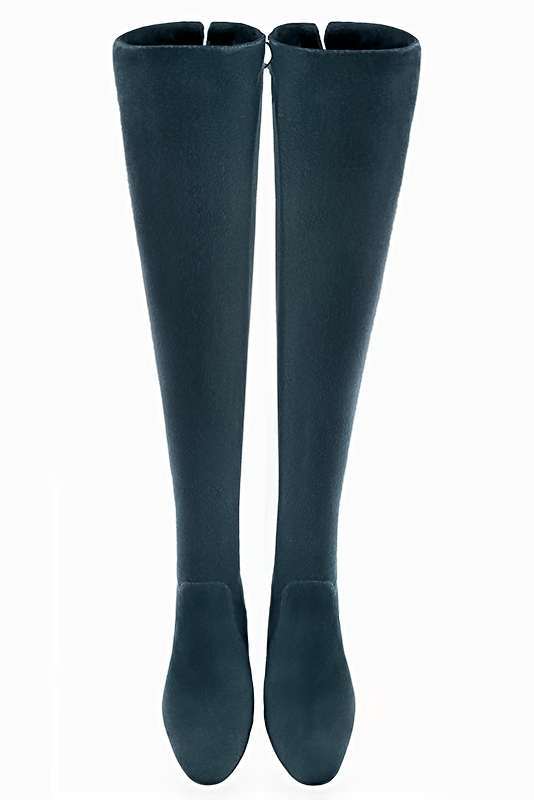 Peacock blue women's leather thigh-high boots. Round toe. Medium block heels. Made to measure. Top view - Florence KOOIJMAN